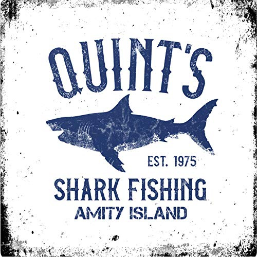 BigBazza Vintage Advertising Wall Tin Plaque Large Square 20x20cm Pub Shed Bar Man Cave Home Bedroom Office Kitchen Gift Metal Sign - Quints Shark Fishing JAWS Movie Amity Island inspired