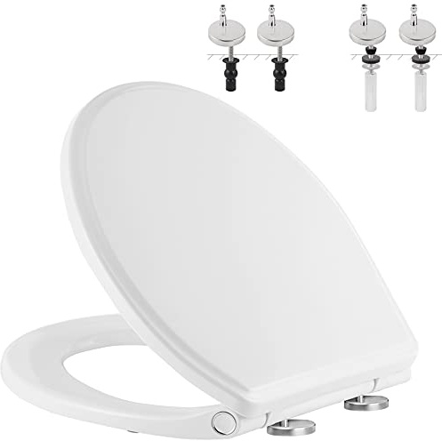 Hibbent Premium rund toalettsits med lock (val) tyst stängning, ett klick för att snabbt släppa, enkel installation halkfria sätesstötfångare, långsam stängning toalettsits och lock, enkel rengöring –