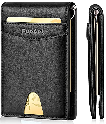 FurArt Leder Geldbörse Herren Portemonnaie klein mit RFID-Schutz & Geldklammer-Schwarz