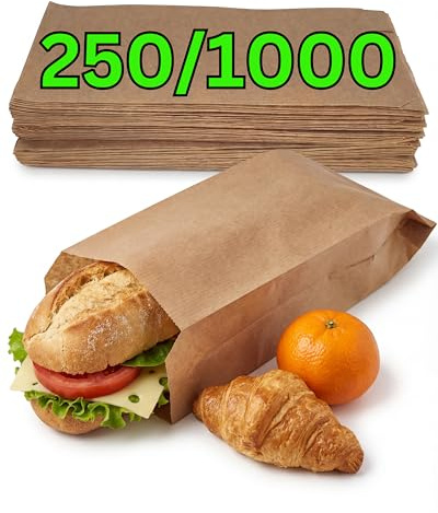 Loxato 1000 Bolsas Papel Kraft Marrón - Sobres - Bolsas de Papel para Bocadillos, Bolleria, Pan, Empanadas, Alimentación, Dulces, llevar Desayuno - 12x5x27cm