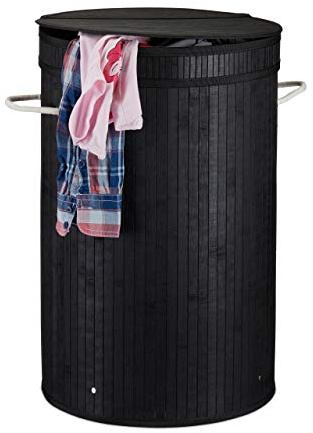 1 x bambutvättkorg, rund tvättkorg med gångjärnslock, 65 l, vikbar tvättkorg, Ø 40 cm, tvättbehållare, svart