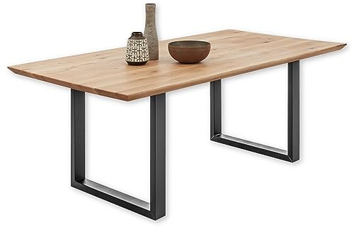 BENNET BIG Esstisch Massivholz Eiche Esszimmertisch 220 x 74 x 100 cm | Massive Eichenholzplatte mit Schweizer Kante, schwarzes Kufengestell aus Metall, Esszimmer, rustikales Design