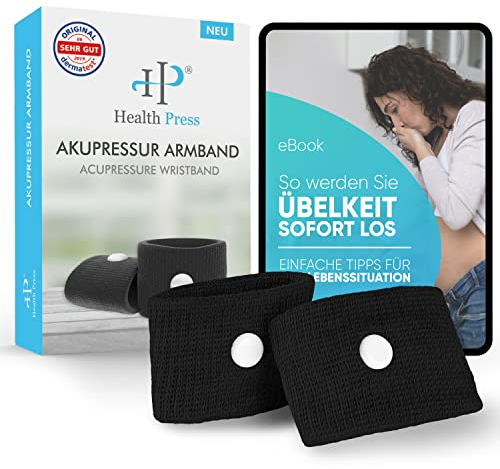 Health Press® Akupressur Armband Set: Zwei Akupressurarmbänder – Perfekt für die Anwendung an beiden Handgelenken – Dank optimierter Passform für jedes Handgelenk – Akupressurarmband (1 Paar, Schwarz)