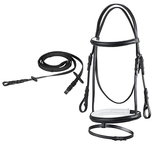 Start Simple Trense Pferd mit Zügel, Zaumzeug für Pferde,englisch kombiniertes Reithalfter, 19mm Gurtzügel, Trensenzaum Leder (Schwarz/Weiß, XFull (Kaltblut))