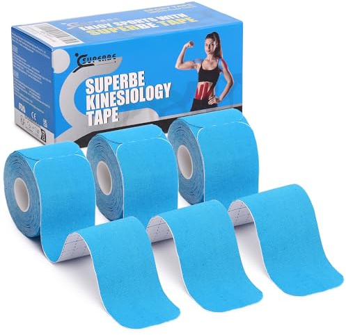 SUPERBE Färdigskuren kinesiologitejp (3 rullar pack), elastisk sporttejp för smärtlindring, muskelstöd, återhämtning och fysioterapi, andningsbar, vattentät (blå)
