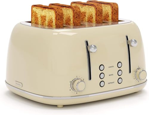 Toaster 4 Slice, Retro Stainless with 6 Bread Shade Settings,1.5''Wide Slots Toaster with Cancel/Defrost/Reheat Functions,Dual Independent Control Panel, Removal Crumb Tray (Cream)