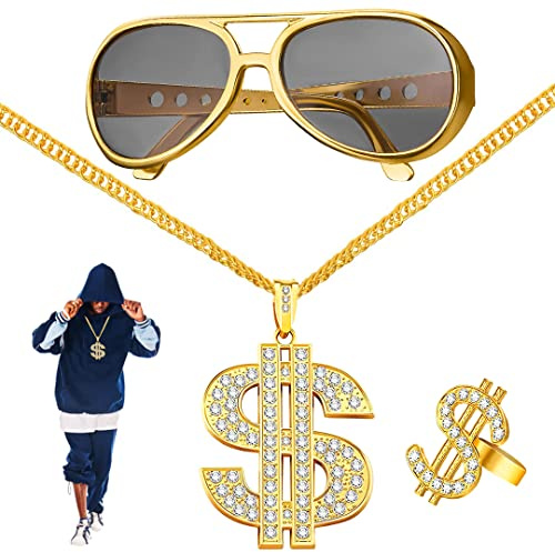 FUKPO Collana Dollaro Anello Simbolo Occhiali da Sole Oro Set, Anni '80 '90 Accessori Rapper Costume Hip Hop Uomo Donna, Ciondolo Dollaro Festa a Tema Carnevale Gangster Abbigliamento