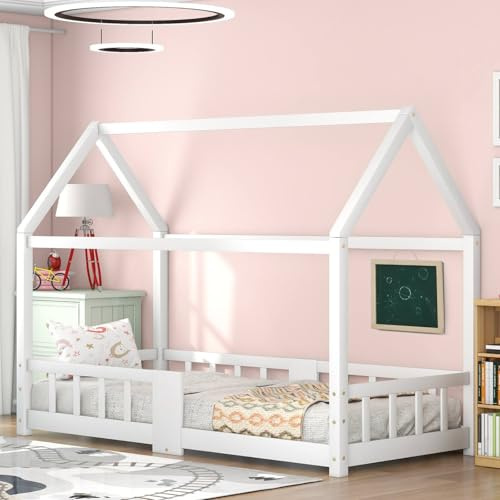 Sweiko Hausbett 90 x 200 cm,Kinderbett mit Tafeln, Robuste Lattenroste Kiefernholz Haus Bettbettgestell for Kids, Holzbett für Kinder (ohne Matratze) (Weiß)