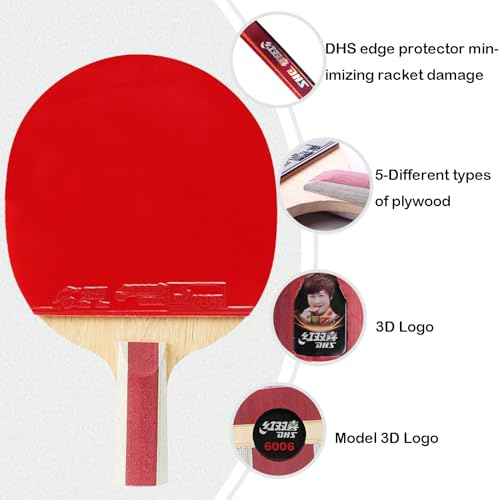Double Happiness DHS Ping Pong Paddle Professioneller Schläger – Tischtennisschläger mit Tragetasche – ITTF-zugelassenes Gummi für Turnierspiele – Bestes Tischtennis-Paddel (6006 (rot/schwarzes Gummi)