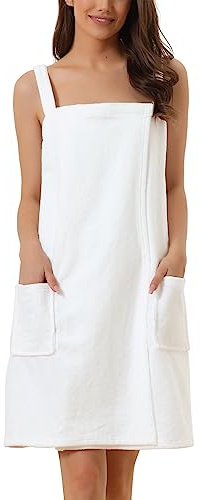 cheibear Damen Bademantel Kleid Frottee Saunakilt Saunatuch mit Tasche und Klettverschluss Spa Dusche Handtuch Bademantel Weiß L