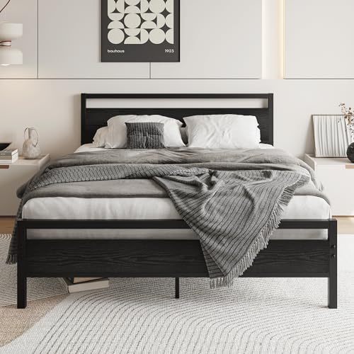 HOJINLINERO 5ft King Bed Frame with Wooden Headboard,Heavy Duty Metal Platform Bed Frame King Bed Base No Box Spring Needed,Metal Slats Support Underbed Storage Space,Black,150x200cm