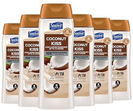 Suave Moisturizing Body Wash Women, Coconut Kiss with Vitamin E and Aloe Extracts, No Parabens, No Phthalates, 18 Oz (Pack of 6)