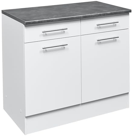 möbelando Eddy Moderner Küchenunterschrank in Weiß matt, Metallic Grau - Geräumiger Unterschrank Küche mit viel Stauraum - 100 x 90 x 60 cm (B/H/T)
