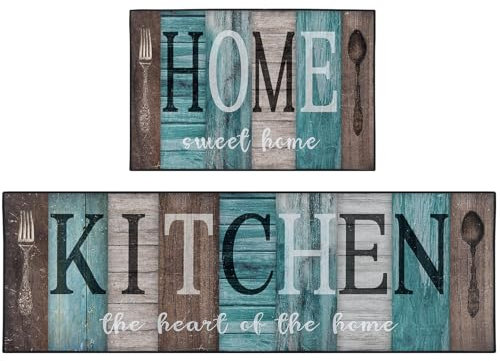 Nesphy Turquoise Teal Kitchen Rugs and Mats Non Skid Washable Set of 2, Brown Wooden Vintage Farmhouse Floor Mats, Sweet Heart Home Runner Rug, Rustic Kitchen Decor