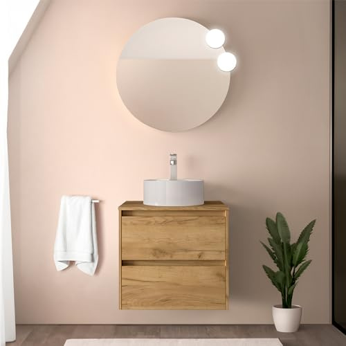 Mobile bagno sospeso 70 cm rovere africa con top per lavabo in ceramica ad incasso, 2 cassetti con chiusura soft-close, GAYA