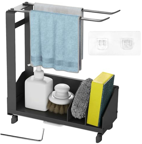 YAANBUNB Spülbecken Küche Organizer Schwarz Utensilienhalter Küche Spüle Spülutensilien Organizer Metall Ordnungshelfer Spüle Küchenutensilienhalter Spüllappenhalter mit Abflusspfanne für Badezimmer