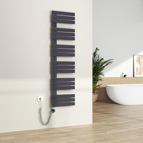 S'AFIELINA Seche serviette electrique Anthracite,159.9 x 40 cm, sèche serviette Électrique avec Thermostat,800W,Connexion Latérale,Tube plat, seche serviette salle de bain avec Tige Chauffante
