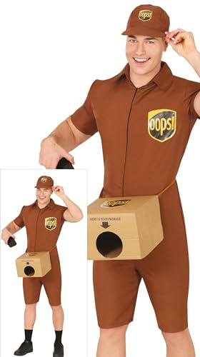 FIESTAS GUIRCA | Disfraz de Repartidor Especial (52-54/L) - Caja, Gorra y Mono - Disfraces de Mensajero para Despedida de Soltero, Fiestas de Disfraces y Carnaval - Ideal para Hombre Adulto - Marrón