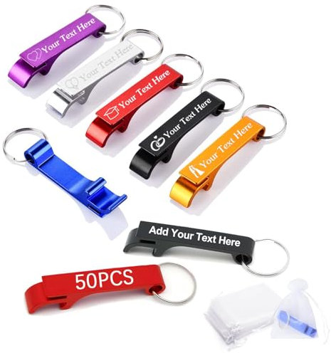 BEXOA 50pcs Personalised Bottle Opener - Customised Engraved Text/Logo Beer Bottle Opener Keychain Bulk Wedding Favours for Guests Party Gifts (50)