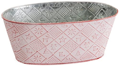 Ovaler Pflanztopf Winterdeko, Pflanzkübel in 24 x 13 x 10 cm, Rot - Metall Pflanzschale als Weihnachtsdeko - Dekorative Blumenschale für Zimmerpflanzen, Blumentopf für Fensterbank oder Garten