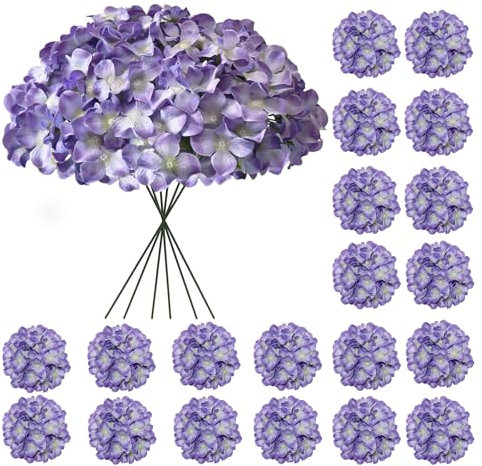 Cherica Flores artificiales de hortensias, 20 piezas de hortensias moradas a granel, flores de hortensia sintética para exteriores, flores de hortensia de seda falsa con tallos para decoración de