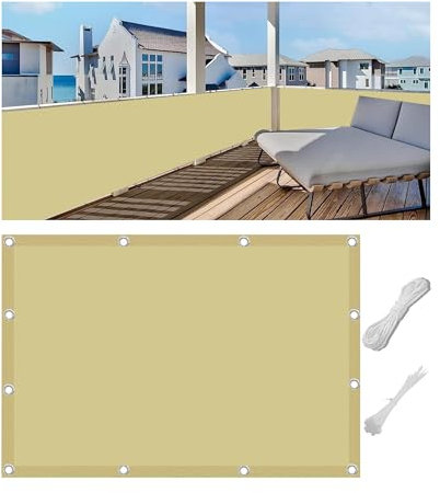 Woace Balkon Sicht Verkleidung Schutz Abdeckung Ohne Bohren Balkonbespannung Blickdichte Windschutz Wasserdicht UV-Schutz für Balkongeländer Garten mit Kabelbinder und Ösen Sand 90x200cm