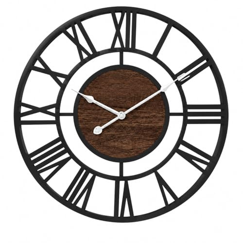 Pytha Sight Orologio da Parete Moderno 50 cm, Metallo Nero e Noce Massello | Orologio da Parete Grande Vintage con Numeri Romani, Design Decorativo e Silenzioso, per Soggiorno, Camera, Ufficio e Cucina