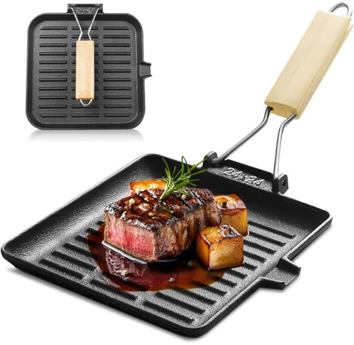 GOEDCH Poêle à Griller En Fonte: 24 x 24 cm Noire Poêle à Steak, Poêle à Griller Antiadhésive avec Poignée en Bois Pliable, Poêle à Griller avec Bec Verseur, Poêles Carrées en Fonte, Poêle à Frire