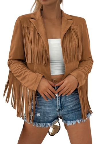 Veste courte tendance à franges en daim couleur unie avec col tailleur pour femme - À manches longues - Style motard - Tendance personnalité - Manteau hippie d'extérieur de loisirs coupe ample