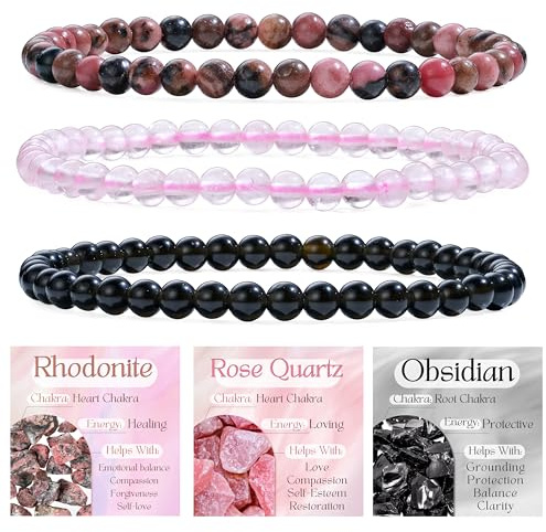 Bivei 3 Pezzi 4mm Bracciale Donna - Rodonite, Quarzo Rosa, Obsidiana Nera - Bracciali con Elastico con Pietre Naturali, Gioielli con Perline Fatto a Mano per Yoga, Meditazione, Protezione e Regalo