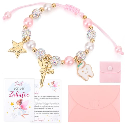 Livdouyu Zahnfee Geschenkset für Mädchen – Armband & Postkarte | Perlenarmband Armband mit Postkarte für Einschulung Geburtstag Taufe Weihnachten Geschenk für Tochter Nichte