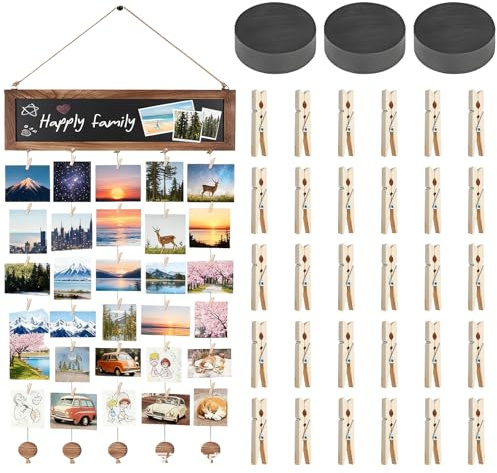 Bilderrahmen Collagen: Fotovorhang mit 30 Holzklammern, Holz Photo Hanging Bilderrahmen, DIY Fotowand Fotogirlande Fotoseil Fotowand Aufhängen Fotorahmen Holzbilderrahmen für Wohnkultur, Schlafzimmer