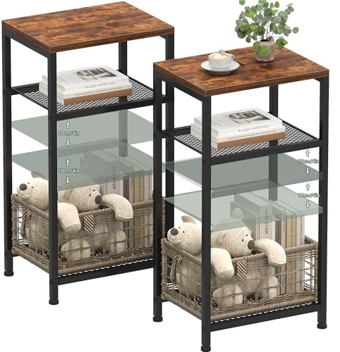 Heybly Small Side Table Set of 2, Tall End Table with Adjustable Shelf, Nightstand, Telephone Table, Accent Table Stand, Entryway Table, Bedroom,Living Room, Office,Kitchen, Rustic Brown HET003SR2