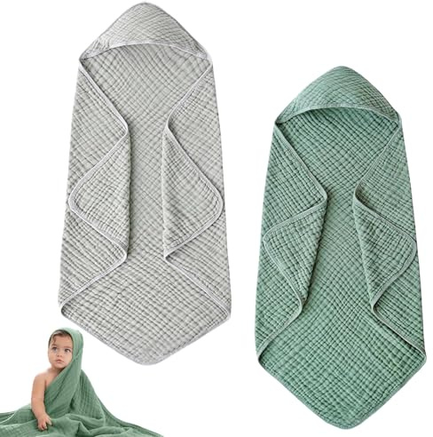 2 asciugamani per bambini, con cappuccio, assorbente, morbido e senza pelucchi, adatto per bambini da 0 a 18 mesi (grigio + verde scuro, 90 x 90 cm)
