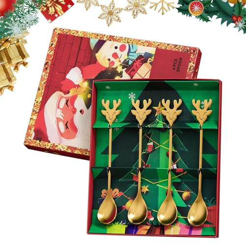 Cucharillas pequeñas - Cucharillas de café de acero inoxidable para Navidad, 4 unidades, juego de cucharillas decorativas, para cocina, bar, cocina, hogar, hornear, servir, café, comida, cóctel, crema