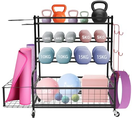Hantelställ, fitnessutrustning arrangör med 4 hjul, 4 våningar, yogamatta, organiserare med krokar, multifunktionell hemmafitness-förvaring, gym, förvaringshylla