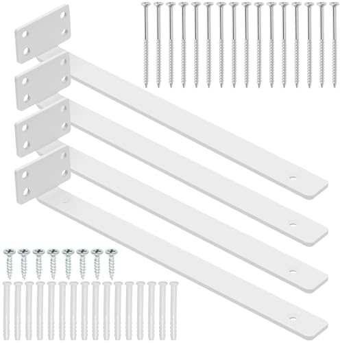 Swpeet 4 Pack 12 pouces White Heavy Duty Hidden L Supports, Support d'étagère flottant, Supports d'étagère aveugle, Supports d'étagère industrielle rustique avec vis et ancres Kit pour banc de travail