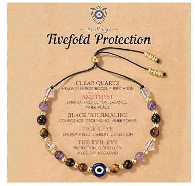 Floruvia 5 Pietre Bracciale Evil Eye, Bracciale Protettivo Sottile Regolabile in Cristallo, Quarzo Trasparente Ametista tormalina Nera Occhio di Tigre, Gioiello Spirituale con Carta significato per