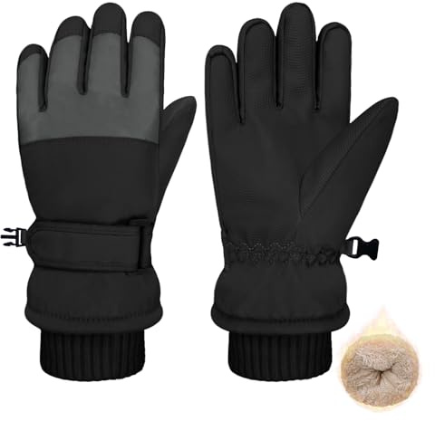 Beurlike Winter Gloves for Kids Waterproof Warm Fleece Ski Snow Mitten Gloves Gift for Boys Girls Cold Weather Sports(BlackM)