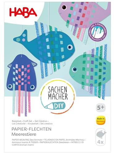 HABA Sachenmacher Papierweben Meerestiere – Bastelset für 4 Flechttiere, Kreativset für Kinder ab 5 Jahren, inkl. 2 Flechtnadeln & Sticker, Fördert Feinmotorik – 2013220