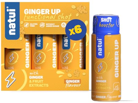 Natui Ginger Up - Shot Funzionali Pronti da Bere con Zenzero, Guaranà ed Estratti di Frutta - Gusto Zenzero - Senza Glutine e Senza Zuccheri Aggiunti - Box da 6 x 60 ml