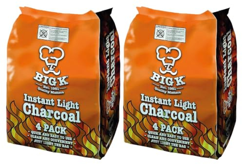 Big K Orange 4Pk Charcoal 4kg (Pack of 2) | Instant Lighting Charcoal| 8 x 1kg Bags | Suitable for BBQs, Grilling & Outdoor Cooking