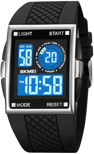 FANMIS Montre de sport analogique et numérique pour homme avec rétroéclairage LED 50 m, P Argent, Chronomètre multifonction avec rétroéclairage | Double alarme horaire, calendrier, alarme, chronomètre, bracelet en caoutchouc 12/24h, montre de voyage et usage quotidien.