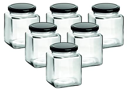gouveo 10er Set Einmachgläser 380 ml eckig mit Schraub-Deckel schwarz - Große Vorratsgläser mit Drehverschluss - Leere Marmeladengläser, Einkochgläser, Einweckgläser, Aufbewahrungsgläser