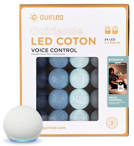 GuirLED - LED Baumwollkugeln Lichterkette WIFI USB - Sprachsteuerung - Connected Home - Amazon Alexa & Google Assistant - 2xUSB-Netzadapter enthalten - 24 Kugeln 2,4m - Byzantin