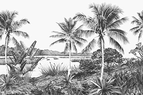 Origin papier peint panoramique paysage avec des palmiers noir et blanc 418.5 x 279 cm Wallcoverings
