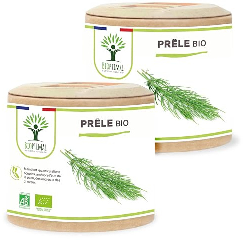 Prêle bio - Silicium Organique - Complément alimentaire Bioptimal - Prêle des champs - gélule de 300mg - Articulation Diurétique Peau Cheveux - Fabriqué en France - Certifié par Ecocert - 2x60 gélules
