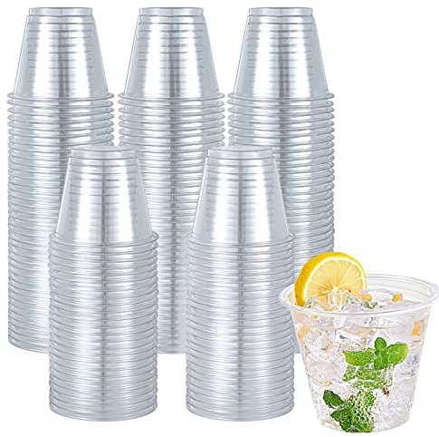Turbo Bee 300 Pack 9oz Clear Plastic Cups,Disposable Crystal Drinking Cups,PET Plastic Party Cups for Wine,Juice,Iced Coffee and Cold Drinks