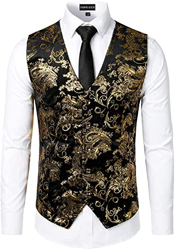PARKLEES Chaleco metálico de lujo para hombre, estampado dorado de cachemira, brillante, para boda, graduación, fiesta, traje o esmoquin, dorado, S