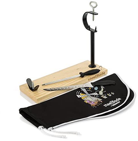 Steelblade Couvre Kukuxumusu + Couteau et chaira-Bois laqué - Support fabriqué en Espagne - Jambon idéal pour jambons et palettes, Goujon Quichotte (011129)
